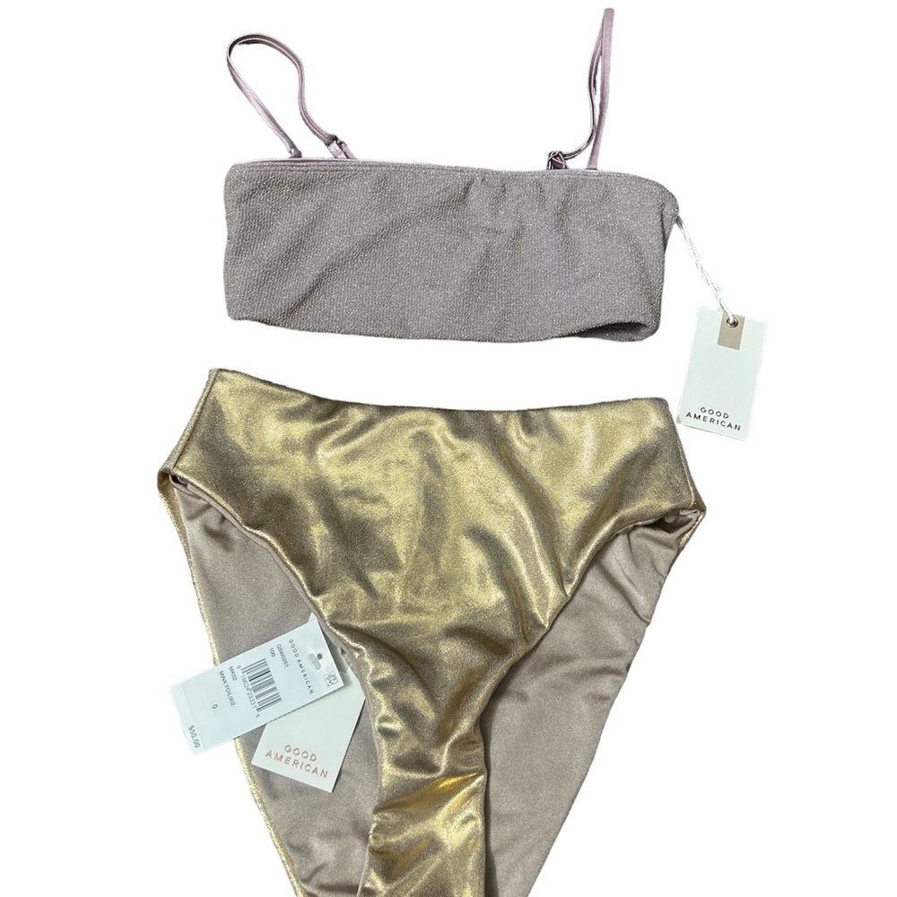 NWT 2 Piece Good American Mink Foil Purple Gold Swim Bikini Set 0 (XS)